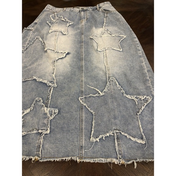 Hot Topic Social Collision Skirt Womens XL Blue Star Indigo Denim Midaxi Raw Hem - Picture 4 of 15